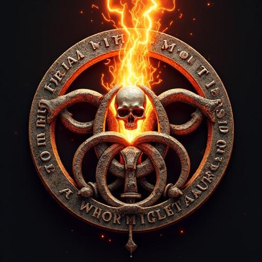 A design featuring a smelting crucible and molten steel pouring out. Three interlocked rings symbolize control over industry crime and politics. A hidden skull represents the dead used to build the empire. Six lightning bolts mark the original founders of the Syndicate. There is a floating nano-particle halo emitting heat distortion. The rim includes a binary inscription reading WE ARE THE FURNACE THAT PURGES.