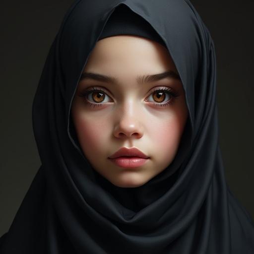 Highly realistic digital painting. Girl with fair skin. Large brown eyes, medium lips, round face. Wearing dark hijab. Focus on detailed facial features and natural beauty. Rich colors and dramatic lighting. Background complements dark mood of portrait.