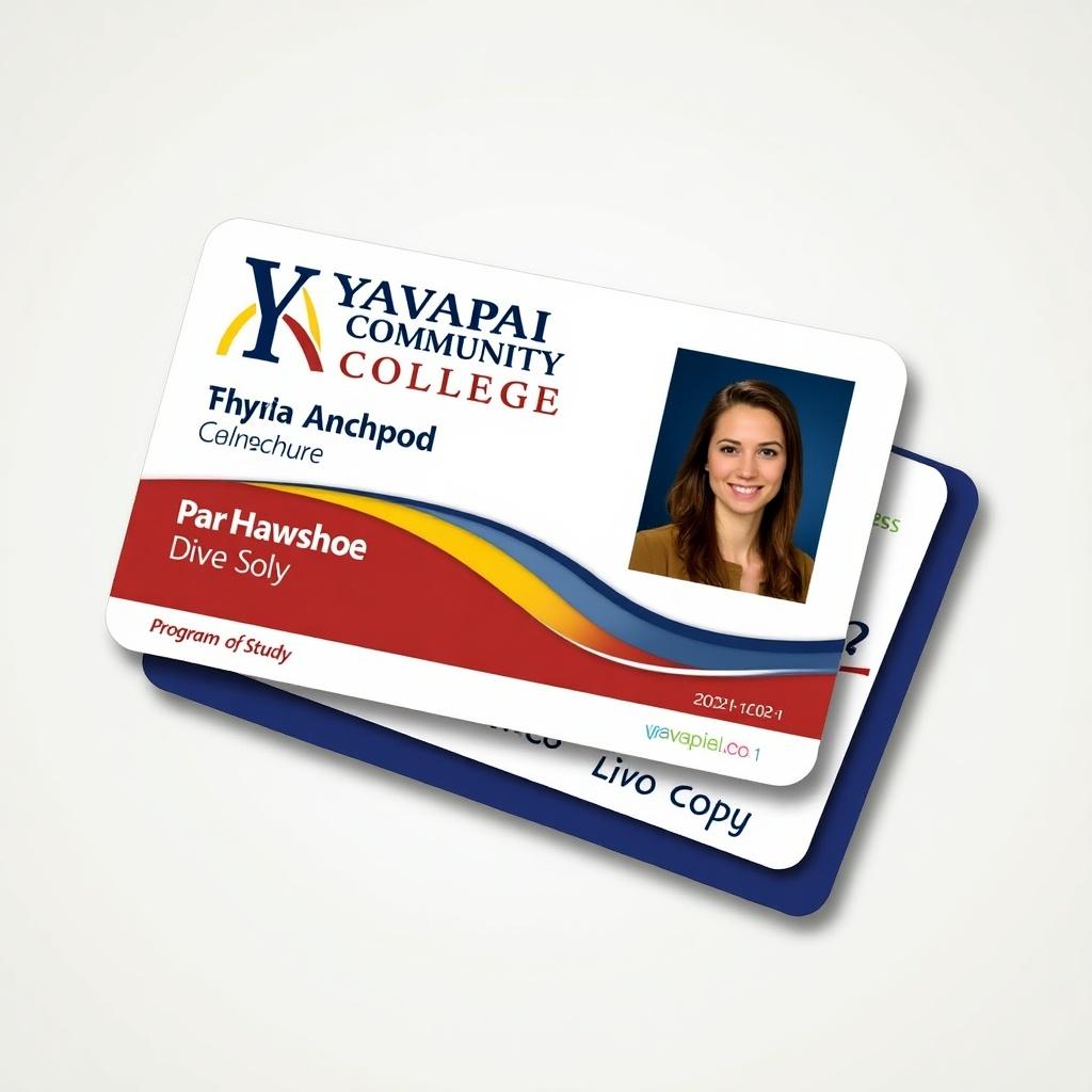 The image shows a student ID card for Yavapai Community College. It features a name and photograph of a student along with college branding elements. The card includes a program of study and an ID number. Bright colors dominate the design, emphasizing the college's identity. The layout is clean and professional, suitable for academic purposes. The ID card indicates the scholastic year of 2024-2025 for students at the college.