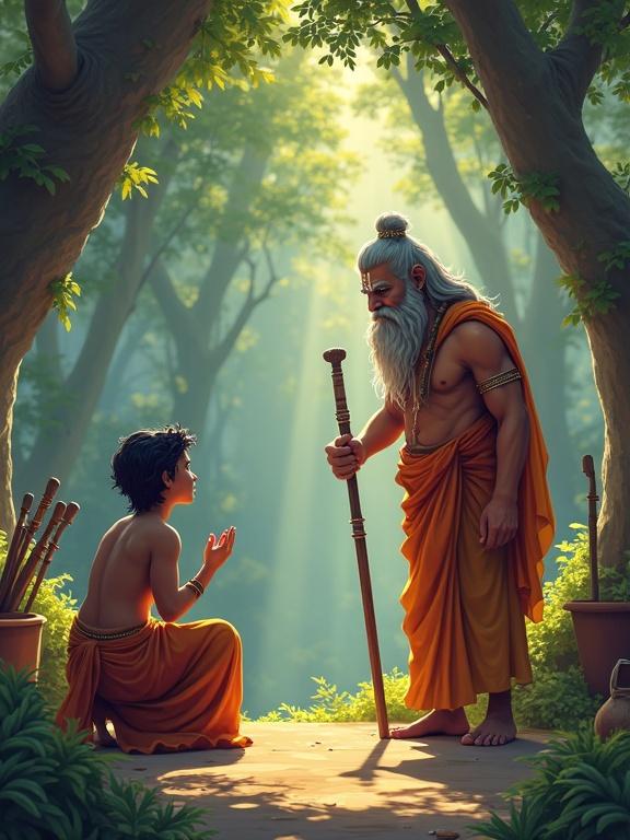 3D pixel art style. Karna kneeling before Parashurama. Elderly sage with divine glow. Peaceful forest setting. Wooden weapons stacked nearby. Slow sitar music ambiance. Soft sunlight through trees. Cinematic and serene tone.