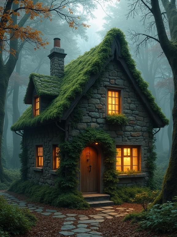 Digital artwork features a mossy stone cottage in a misty forest scene. The cottage has vibrant moss, ivy, and warm light from windows. Ancient trees surround it with autumn leaves on the ground. A gentle mist creates a serene mood.