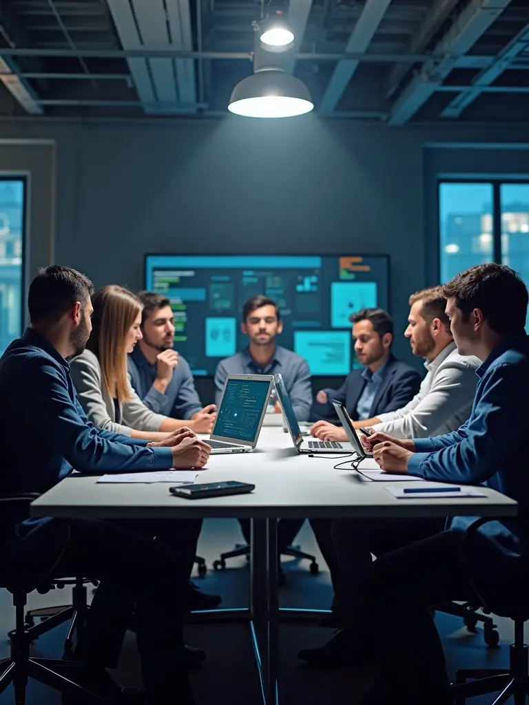 A team meeting of software engineers. People are sitting around a large table with laptops open. Multiple screens in the background display data and graphs. The atmosphere is focused and professional. The meeting room is well-lit with industrial lighting.