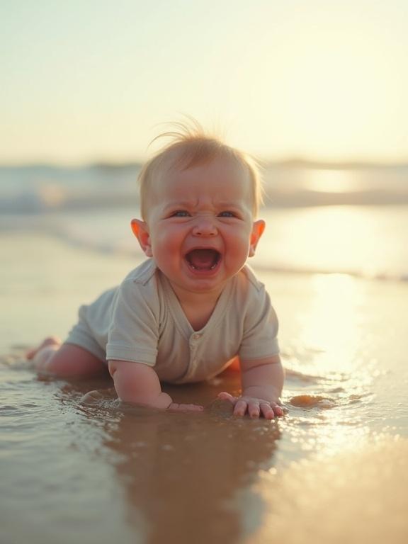 Eye-level shot of a tiny baby in a shallow puddle on a sandy beach. The baby is crawling, wearing a light-colored onesie, and crying. Bright sun is in the background. Ocean waves are softly blurred.