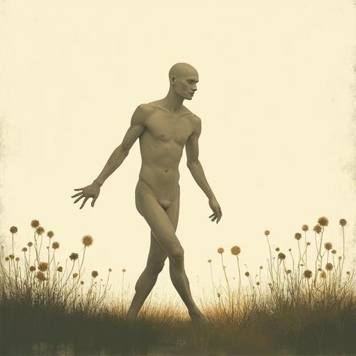 Neutral bald human figure in silhouette dancing in a garden. Figure is naked. Dreamlike minimalist composition with surrealism. Contemporary digital painting style with abstract elements.