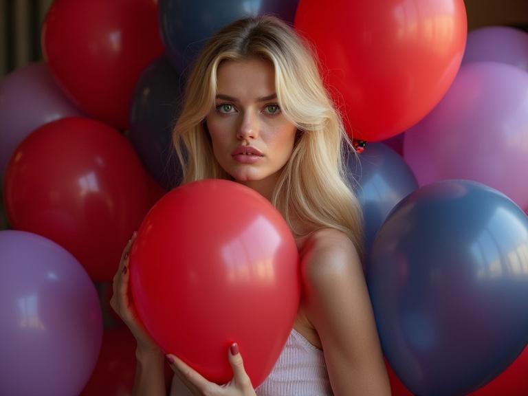 Full body photo of a beautiful woman hugging a big red balloon surrounded by purple and dark blue balloons in a stylish hotel room.