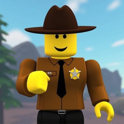 Image features a cartoon LEGO-style sheriff character in a brown shirt and hat. Character has a friendly smile and points towards the viewer with a dynamic pose. The background shows a sunny sky and distant mountains for a fun gaming atmosphere. An emoji of a big surprise is featured below the character.