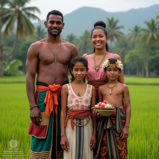 A family of four stands together in their traditional attire. They are surrounded by lush rice paddies. The father wears a blue udeng and maroon baju, adorned with a sokar necklace. The mother wears a red and gold kemben and holds an offering basket. The daughter is in a pink kebaya, and the son wears a striped saput poleng and earthy baju. The family embodies the spirit of Balinese culture.