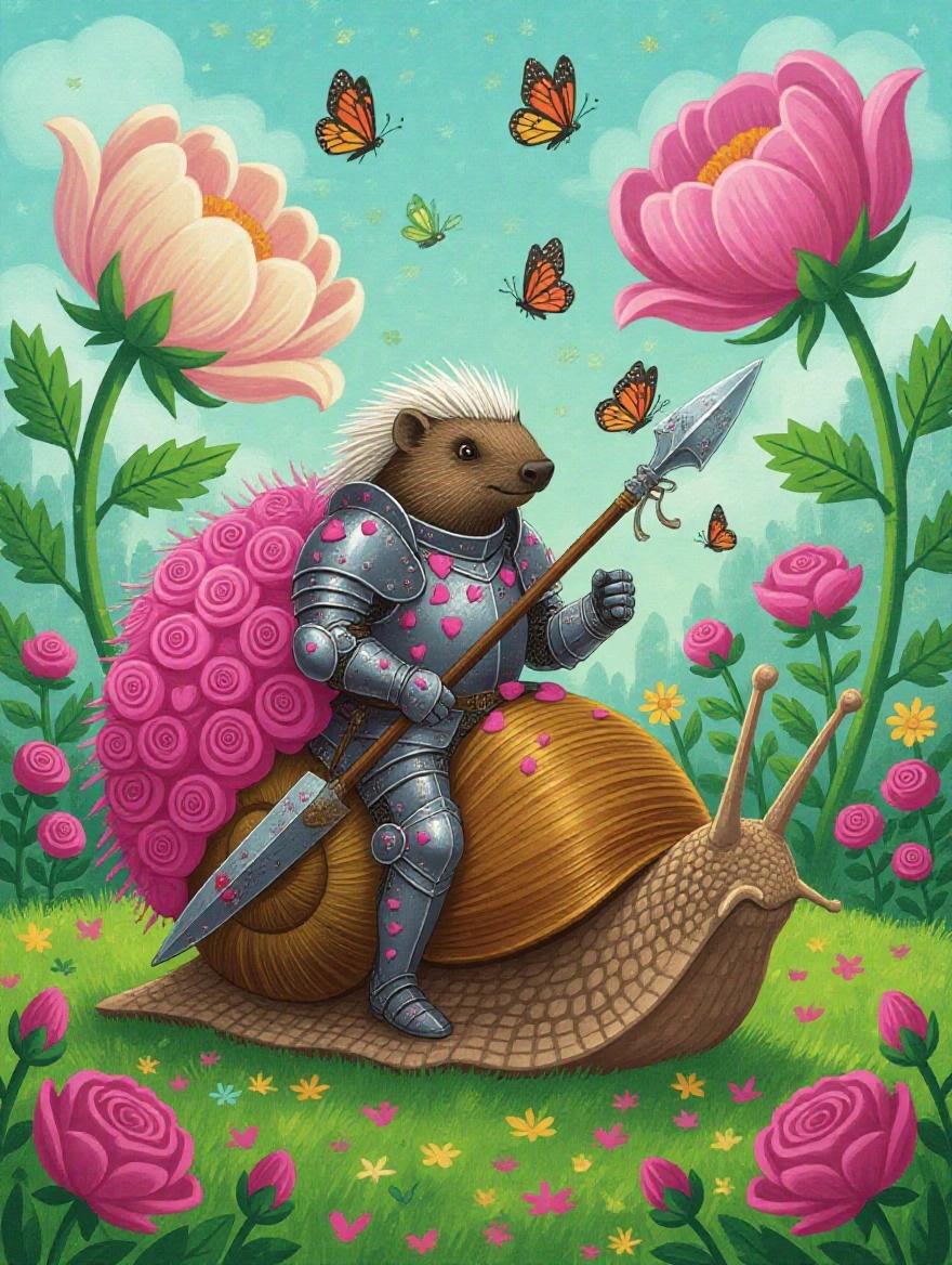 A porcupine in rose petal armor rides a giant snail. The background is a vibrant garden with large flowers and butterflies. The porcupine carries a hawthorn spear. The scene is enchanting and playful.