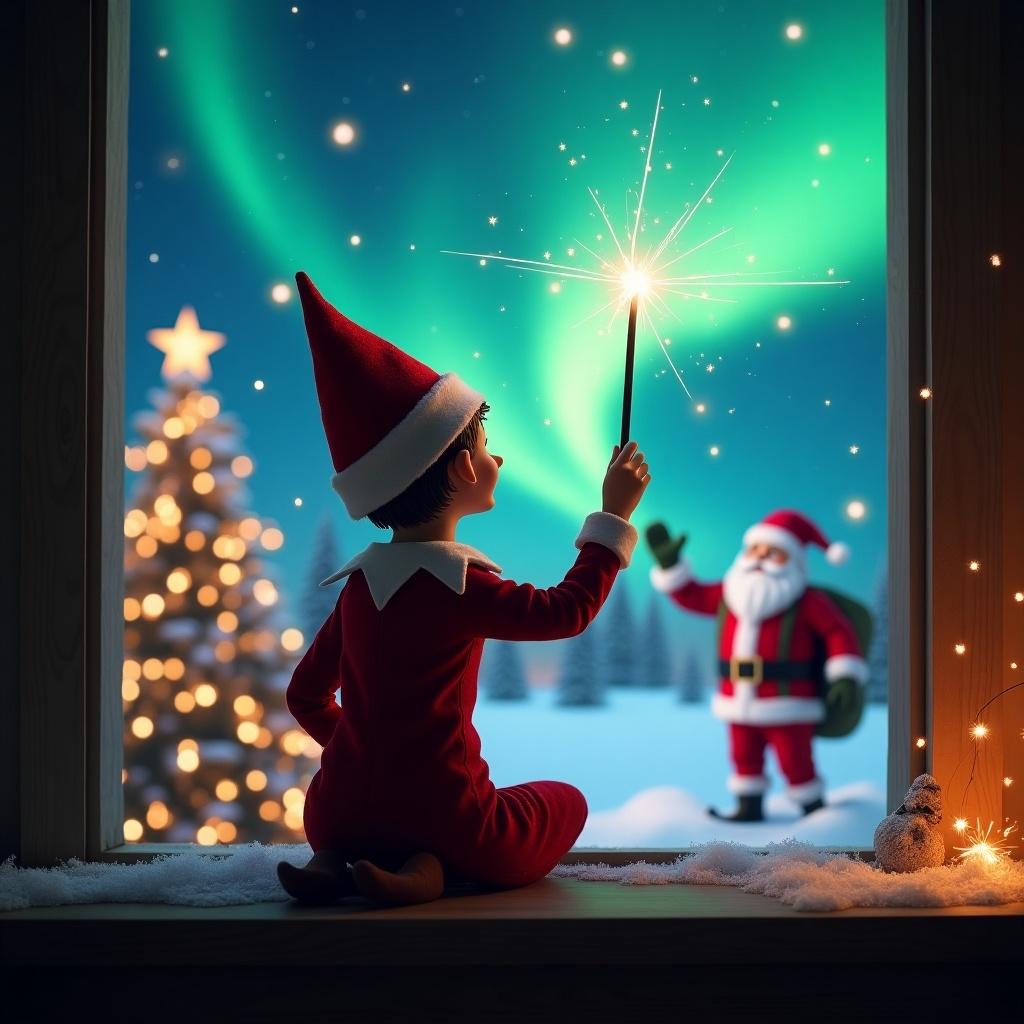 The image features an elf sitting on a windowsill, looking out at a magical Christmas scene. The elf is seen from behind, wearing a red outfit with a matching hat. He holds a wand emitting sparkles as he gazes at the sky. The background showcases the northern lights illuminating a snowy landscape, where Santa Claus can be seen greeting festivities. A beautifully decorated Christmas tree adds charm to the scene, enveloped in a warm, cozy ambiance. This enchanting illustration captures the essence of holiday magic and wonder.