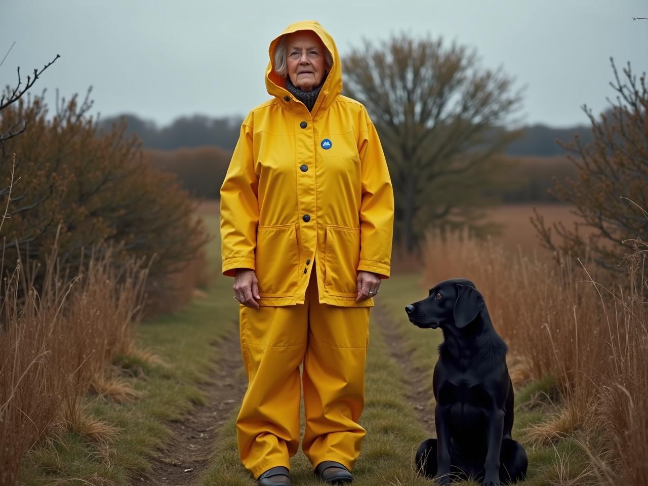 An old woman is standing in a field wearing sea man's oil skin waterproof clothing, which is predominantly yellow. The outfit features a hood and buttons down the front. She has both hands visible, relaxed at her sides. The background includes tall, dry grass and shrubs, suggesting an outdoor environment. The sky appears cloudy, hinting at possible rain. Beside her, there is a black dog sitting quietly.