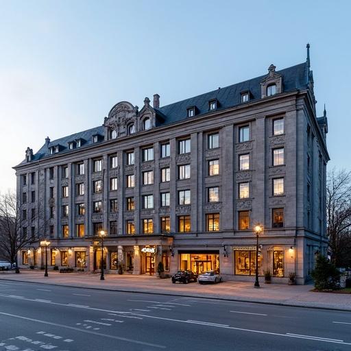 Facade of the Grand Hotel in Oslo captured from a low angle. The building features classical architecture with multiple windows and street-level lighting. The scene is set during twilight showing a clear sky.