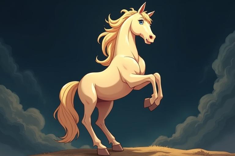 Illustration of a palomino horse rearing up. Dark swirling background emphasizes the action. Horse has a flowing mane and tail, with a confident stance and detailed expression.