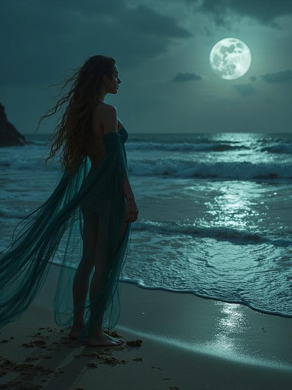 Moonlit beach scene with a silhouette of a goddess. A nude figure draped in flowing fabric stands near the ocean waves under a bright full moon. The atmosphere is mystical and serene.