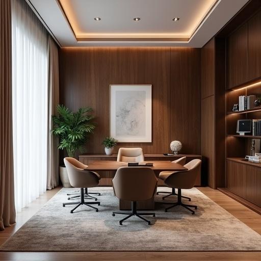 Luxurious modern office interior design showcasing a wooden table surrounded by stylish chairs. Large windows with drapes allow natural light. Green plants add a touch of nature. A simple artwork hangs on the wall. The setting is warm and inviting, with a focus on elegance and professionalism.