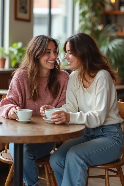 Two charming models in a cozy coffee shop. One model wears a dusty rose sweater and high-waisted jeans. The other model wears a white henley and fitted vintage Levi's. Casual ankle boots complete their looks. They share a laugh over coffee in a warm, inviting atmosphere. Natural light fills the cafe with plants and wooden tables in the background.