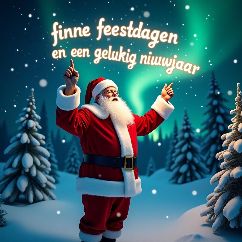 Santa Claus in winter landscape. He stands joyfully in red suit. Text in glowing letters in night sky. Snowflakes falling gently. Northern lights in background. Captures Christmas spirit.