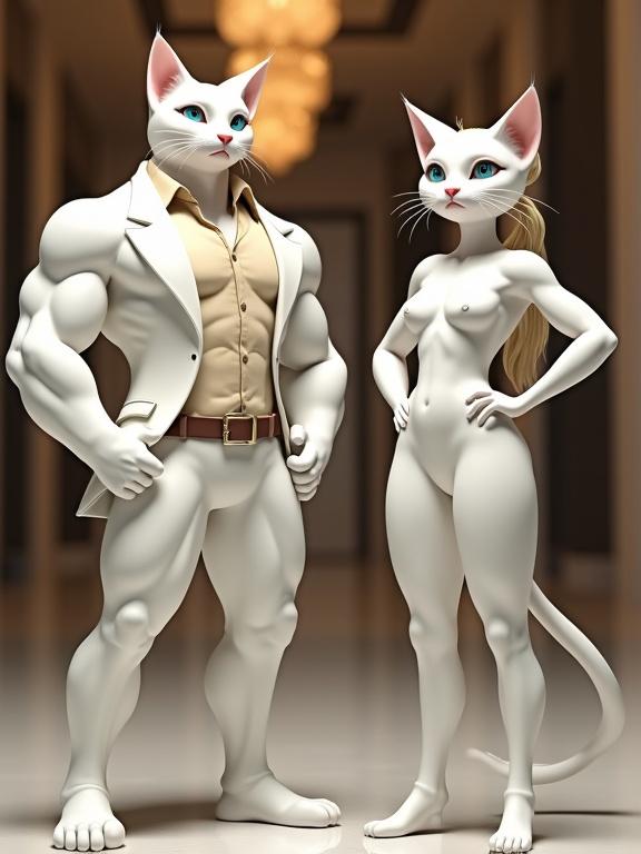 A 3D rendered image features two anthropomorphic cats. One male cat has an athletic muscular physique. He wears a white suit and beige shirt. He has smooth white fur and blue eyes. The female cat has a toned figure. She wears a fitted white dress. Both cats pose confidently in an elegant high-rise building interior. The setting is glamorous and luxurious.