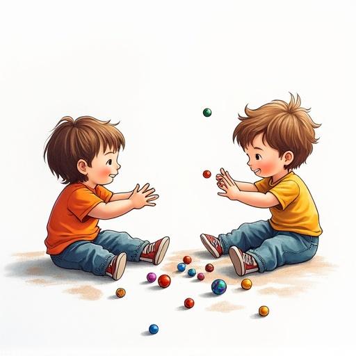 Children's drawing of two kids, seated on the ground, playing with marbles, separate from each other, bright colors used, cheerful expressions.