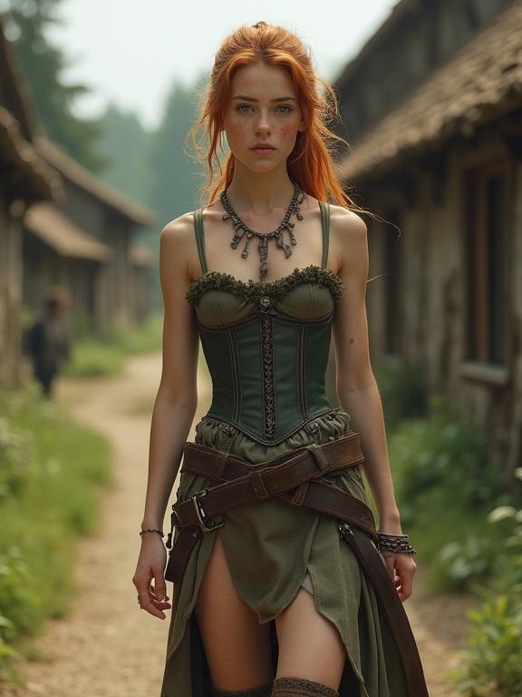 Photorealistic image of a young woman in a medieval setting. She has long auburn hair styled in a ponytail. Her dress is a sleeveless corset in green with a split skirt. She wears tall socks and boots. Her neck is adorned with broken metal shards. The background features a small medieval village in soft focus.
