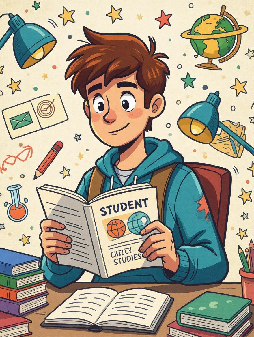 Cartoon style depiction of a student who seems uninterested in studies. A young male character reads a book titled "Student". Background contains books, school supplies, globes, and stars.