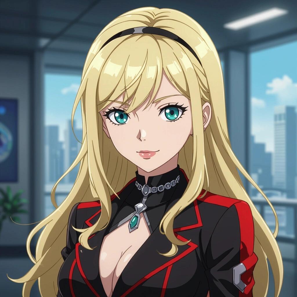 Anime character with long blonde hair and bright green eyes wearing a stylish outfit in an indoor setting. Character has a confident expression and modern hairstyle.
