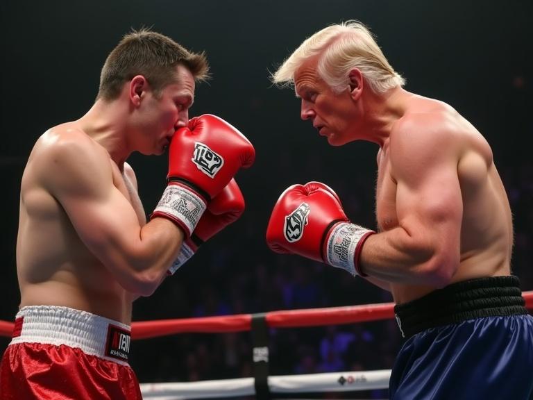 Boxing match between two male figures in shorts and gloves. One figure has blonde hair with a serious expression. The other has dark hair with a focused look. They appear to be in a fighting stance in a boxing ring.