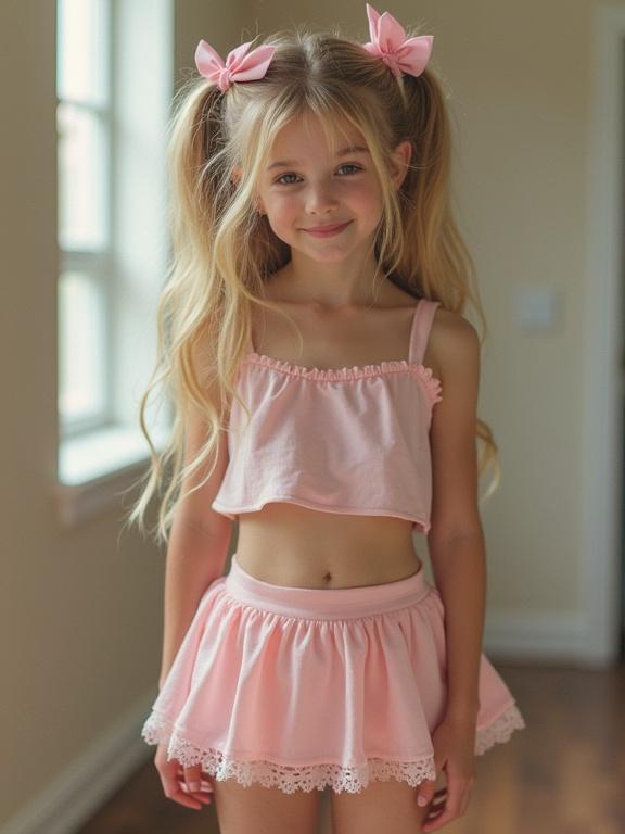 Youthful child with long blonde hair styled in twin tails wearing pink bows. She poses in a crop top and short pale pink skirt. Outfit includes thigh-high socks and black shoes. Captured in soft lighting with an emphasis on colors. Aesthetic has a vintage filter effect , soft focus and mild pixelation.