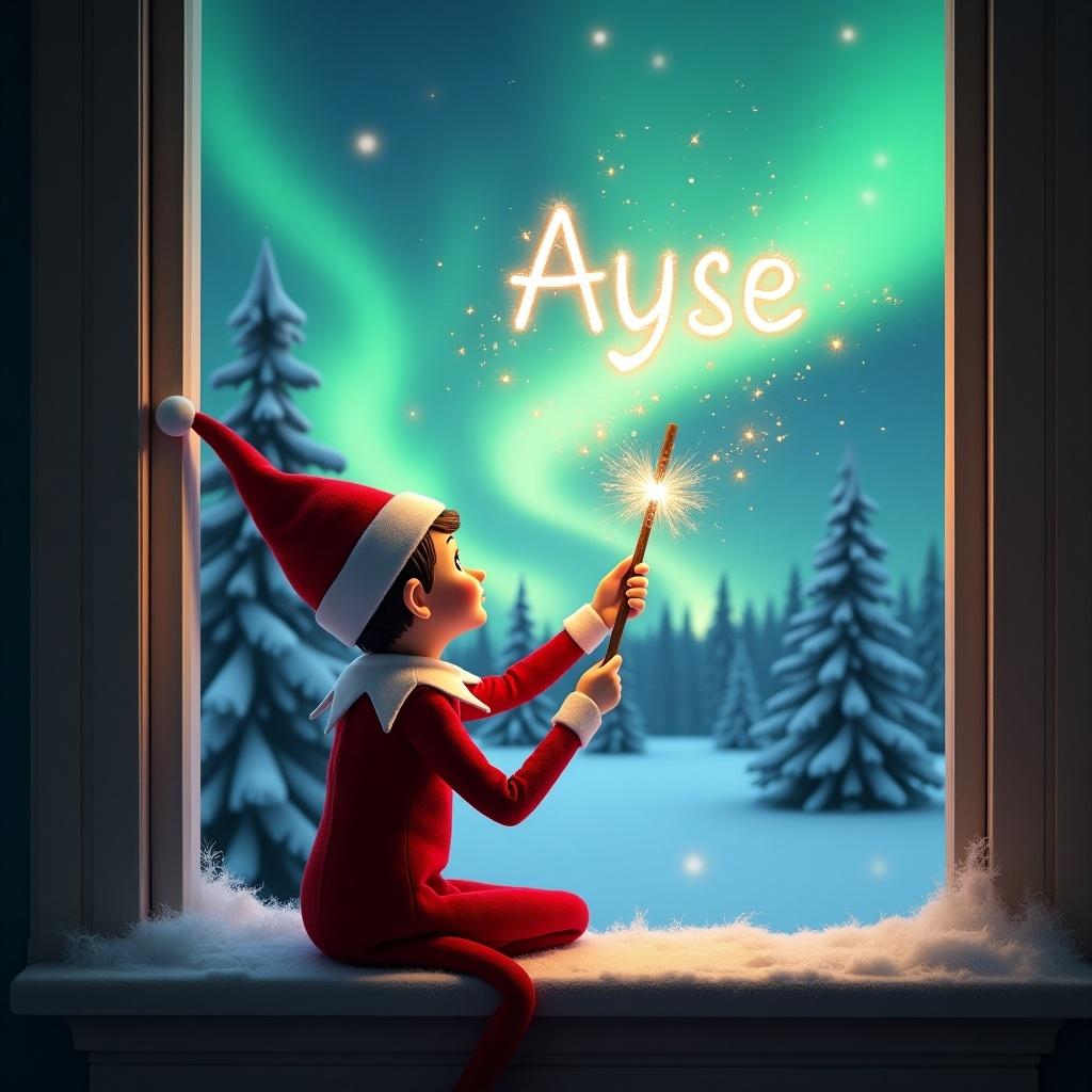 The image features an elf on a window ledge, dressed in a red outfit with white trim. The elf is creating sparkling words with a magical wand. The word 'Ayse' is formed from the sparks. Behind the elf, the northern lights illuminate a snowy landscape. Snow-covered pine trees complete the winter scene, enhancing the holiday feel. It's a festive and magical moment showcasing the spirit of Christmas.