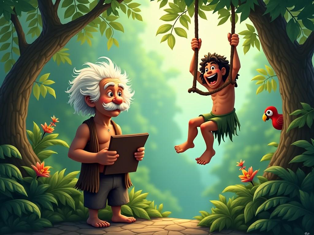 The image depicts a whimsical jungle scene featuring a character resembling Einstein interacting with a boy who is joyfully swinging on a vine. The jungle is lush and vibrant, filled with green foliage and colorful flowers. The boy, wearing primitive attire, has an ecstatic expression as he swings, embodying a sense of freedom and joy. Einstein holds a clipboard, looking on with a warm smile, blending elements of intelligence and adventure. A parrot can be seen perched nearby, adding to the lively atmosphere of the jungle.