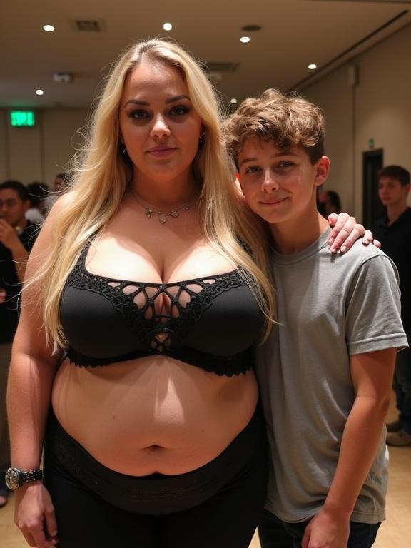A tall plus size blonde model and a teenage boy pose for a photo together at a conference. The model is well-dressed with a significant emphasis on her figure, while the boy stands beside her, both smiling.