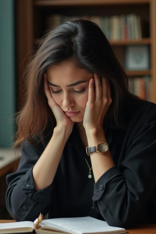 A woman in a Pakistani university is sitting with her head in her hands. She appears stressed and concerned about being blackmailed concerning fake love. The setting is simple and academic.