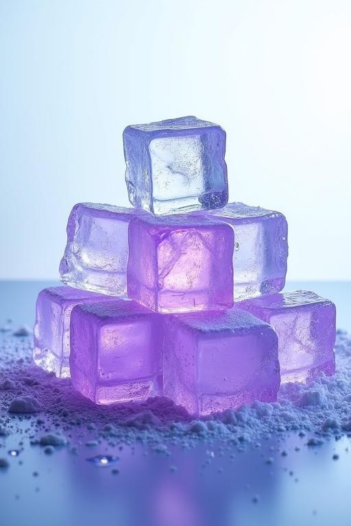 Large pile of clear ice cubes stacked closely. Some ice cubes are slightly imperfect. Background is plain white. Emphasizes clarity and color of ice. Ice cubes appear dry and just out of freezer. A vibrant cluster of glowing purple crystals atop smooth blue surface. Surrounded by smaller crystal shards and powdered particles. Close-up image of geometric crystal sphere. Light reflects off surface creating glow. Tiny droplets of water visible.