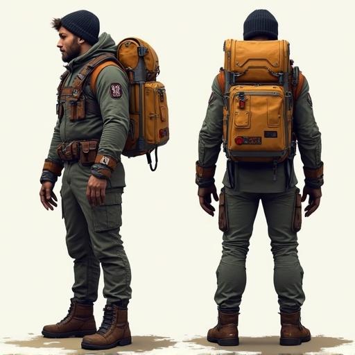 Character design showcasing a sci-fi survival explorer. Features a detailed outfit with a vest and large backpack. Displayed in a t-pose from multiple angles: front, left, right, and back.