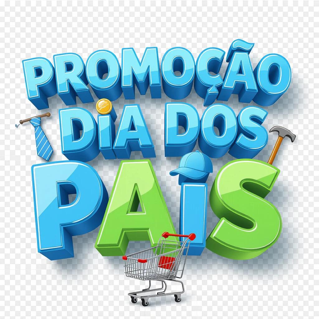 3D lettering design for Promoção Dia dos Pais with creative playful elements for fatherhood. Bold vibrant text in light blue and light green colors with shiny soft effects. Theme elements like ties mustaches tools caps and watches integrated into or around letters. Small supermarket shopping cart at the bottom center. Transparent background high resolution ultra sharp high definition. Square proportions respecting canvas margins with no cropped elements.