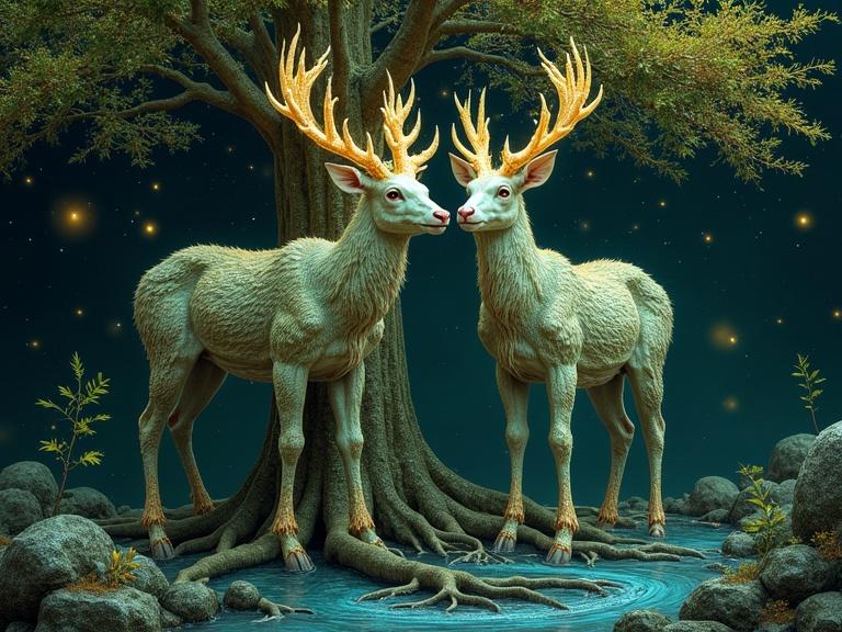 A duo of dryads fused with moss-furred deer and liquid crystal antlers. Tree roots surround them. Obsidian ink streams flow nearby. Golden fireflies trace constellations beneath iridescent leaves.