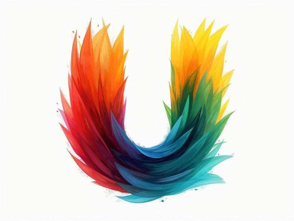 Create the letter 'u' using a colorful design similar to the uploaded image. The letter should have flowing brushstroke-like textures. Use a vibrant color scheme that transitions between colors like red, orange, yellow, green, blue, and aqua. Ensure that the design captures the same feel and style of the uploaded photo. No additional elements or details should be included, focusing solely on the letter 'u'.