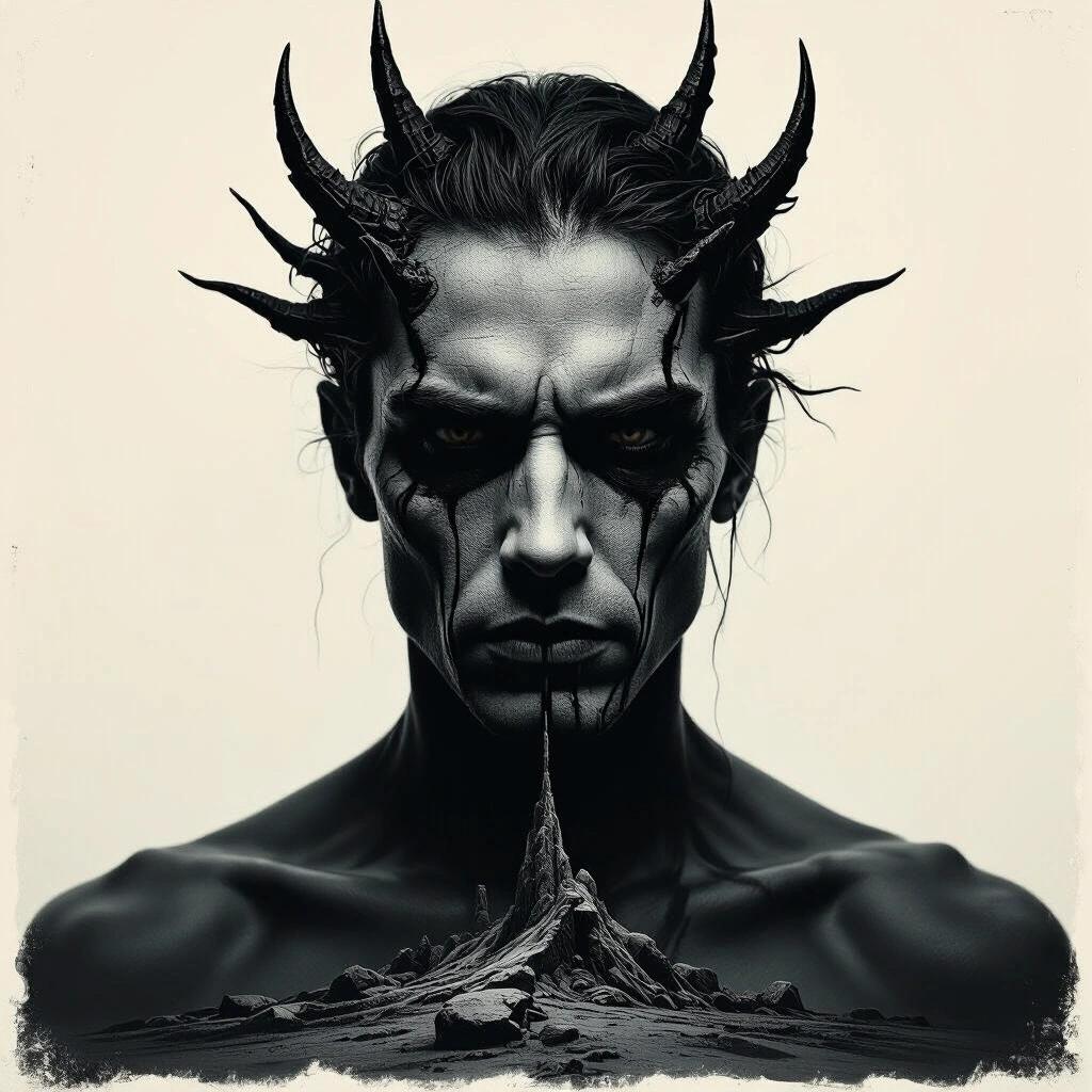 Rock album cover featuring an evil face. An epic dark scene is prominent. The image has a dark and raw photographic quality.