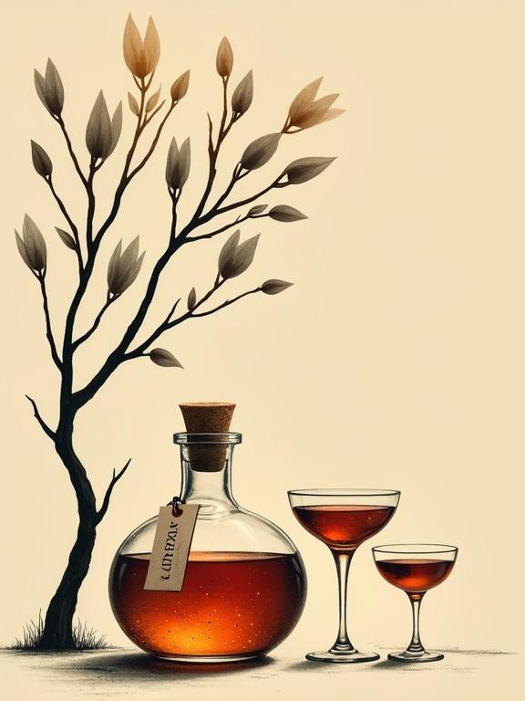 Minimalist screen printing artwork depicts a scene in a lush orchard. Goddess figure holds a cocktail glass. Nearby, a lower apothecary bottle with golden-reddish elixir glows. Cork lid on top with a hang tag named 'ALFRUNO'. Two cocktail glasses hold the same liquid. Beige background. Mood is mysterious, elegant, evoking pleasure with nature. Simple, contrasting strokes, minimalist style.