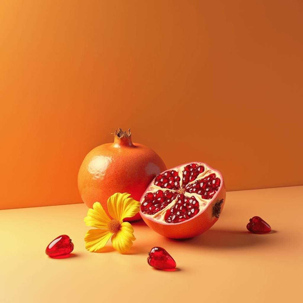 The image showcases a vibrant still life arrangement against a warm, soft orange background. Central to the composition is a whole pomegranate alongside a halved pomegranate, revealing the intricate pattern and rich red seeds inside. A bright yellow flower, possibly a marigold, adds a pop of contrasting color and texture. Scattered around are small red glass heart-shaped or pebble-like objects, enhancing the artistic and decorative nature of the scene. The lighting is soft yet highlights the glossy surfaces, bringing a sense of warmth and festivity to the entire setup.