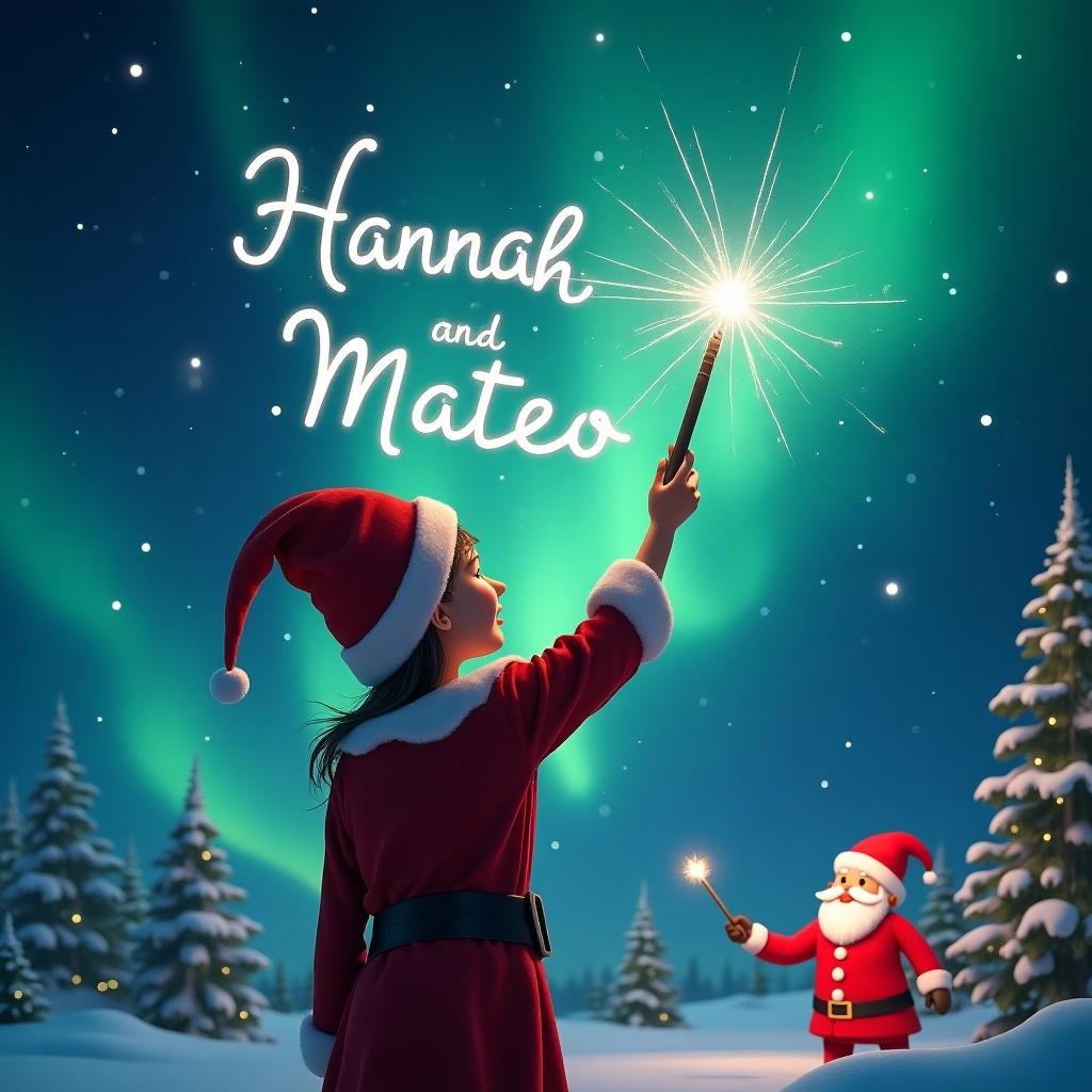 Elf facing magical sky writing names 'Hannah and Mateo' with wand. Background features northern lights and Santa.