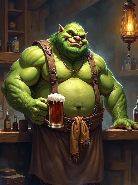 A fat ogre with green skin stands behind a bar in a dirty tavern. The ogre has a friendly demeanor. He holds a wooden mug of ale and a rag. He is shirtless under a stained, dirty apron. The bar is wooden and the tavern is cluttered. The scene has a heroic epic vibe. The artwork is digital in a semi-realistic style, inspired by Jason Chan. The background includes watercolor splashes that fade.