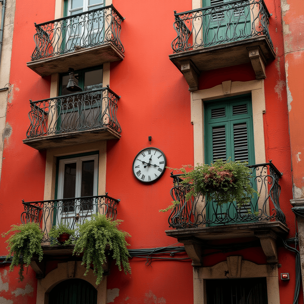 The image depicts a vibrant red-orange building facade adorned with three wrought iron balconies, each featuring green plants overflowing with lush leaves. Centrally mounted on the wall is a classic round clock with Roman numerals, starkly contrasting against the warm backdrop. The building appears to be of European architectural style, with green shuttered windows adding to its charm and character. The combination of bold colors and rustic elements creates a picturesque and inviting atmosphere.