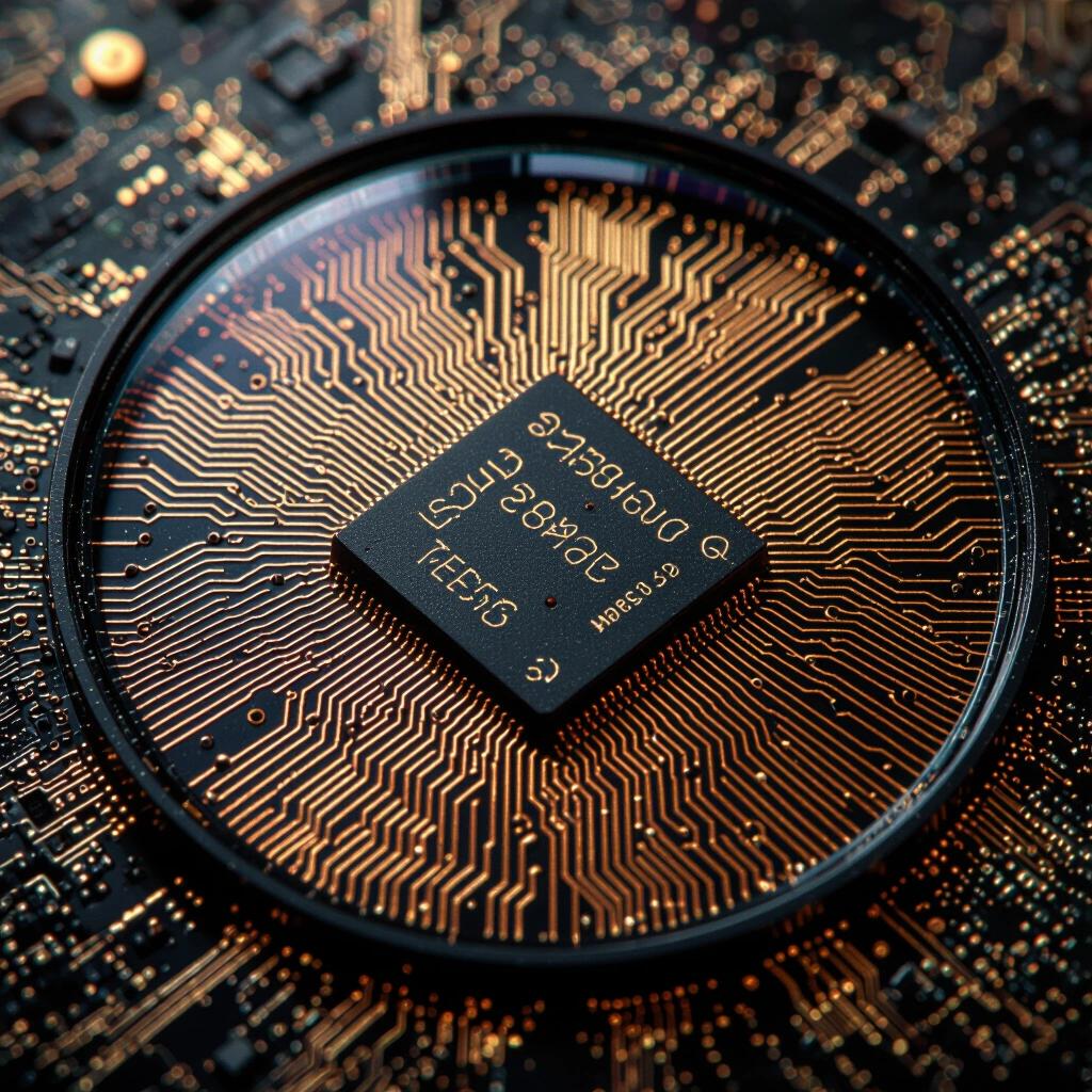 Macro photograph of a vintage computer chip. Etched circuits create an intricate Mandelbrot-like gridwork surrounding the chip. Focus on chip details.