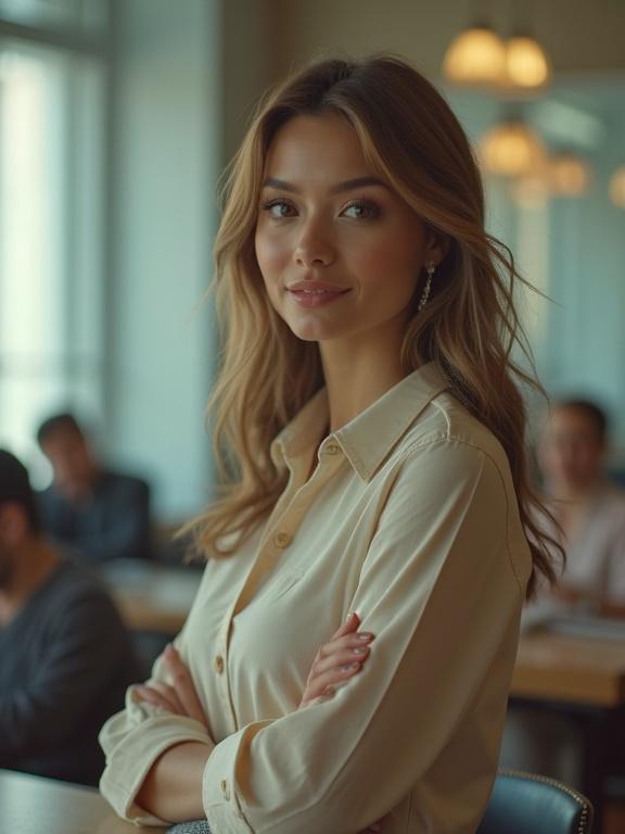 Beautiful woman secretary in a bank setting. Wearing a micro skirt. Displaying a beautiful face. High-resolution image with slight compression artifacts. Over-saturated colors typical of early Instagram filters.