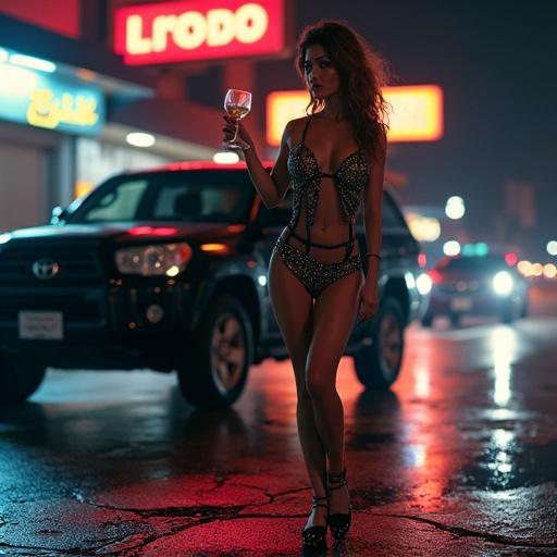 A ladyboy stands on a neon-lit street corner wearing a sequined leotard. The air is humid, and a black SUV is parked behind her. She holds a half-empty champagne glass, trembling fingers gripping a crumpled flyer for a canceled show. The SUV's engine stops, with distant sirens heard. Her pose is dynamic, one leg bent awkwardly. Light refracts in puddles, with reflections creating contrasting colors. The scene is filled with tension between performance and reality.