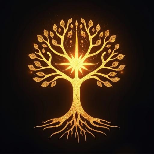 Logo inspired by the meaning of Hayuta. Symbol uniting a golden light, stylized tree with intertwining roots and branches, luminous circle symbolizing infinity, central spark shaped like flame or six-pointed star.