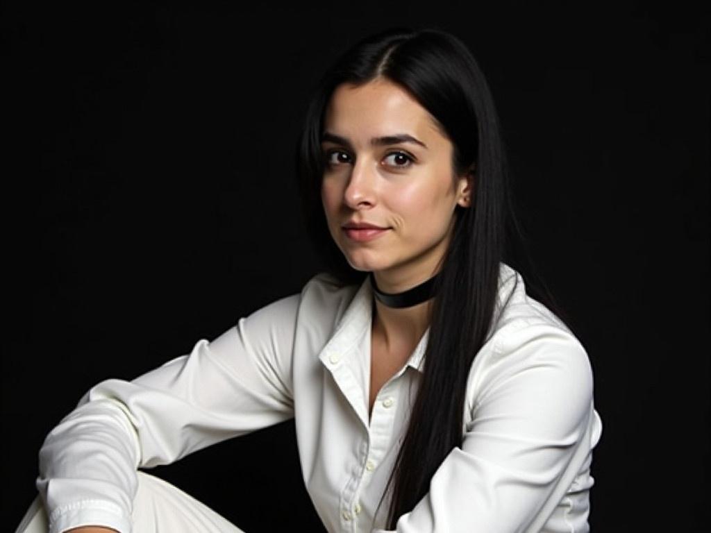 The image features a person with long, straight black hair, wearing a crisp white shirt. They are seated with their arms resting on their lap, giving a relaxed yet poised appearance. The background is dark, which contrasts with their light clothing. Around their neck, they wear a black choker, adding a touch of style to the outfit. The overall mood of the image feels modern and slightly edgy.