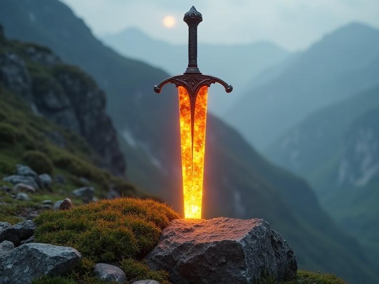 A flat sword made of fire-looking glass sticks out from the mountainous ground. The handle is at the top. Below the sword are stones and moss that are illuminated by its glow.