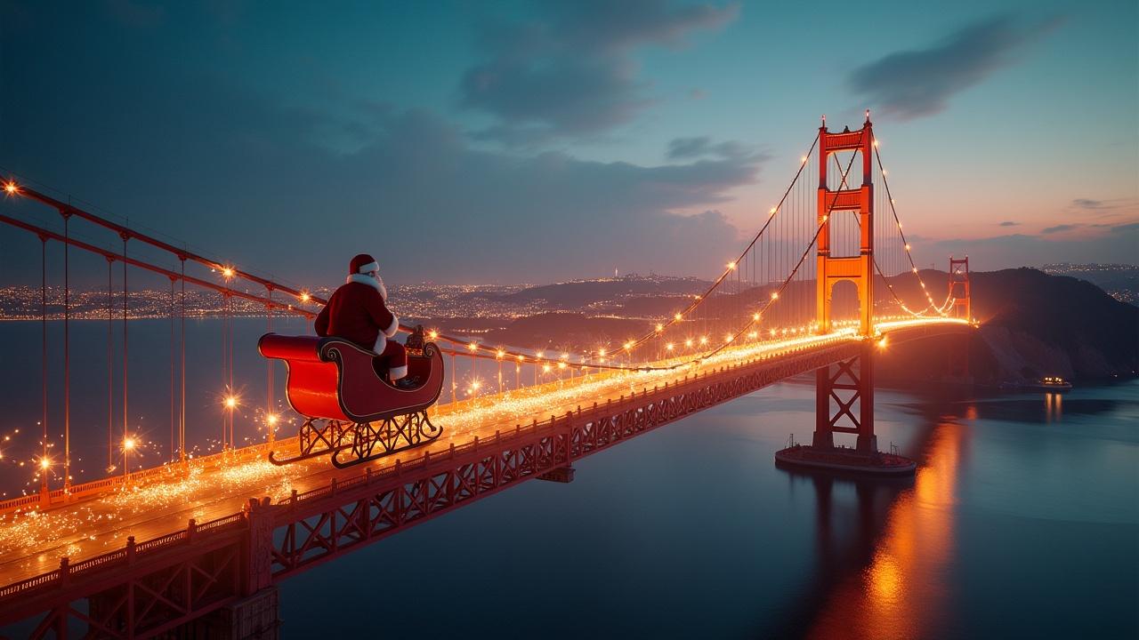 Aerial view of Santa Claus flying in a sleigh over the Golden Gate Bridge. Magical atmosphere with sparkling lights. Ultrarealistic depiction with dramatic colors.