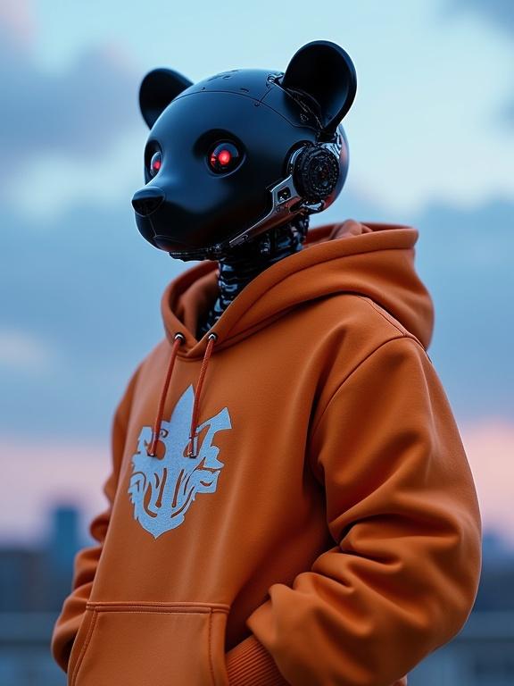 A humanoid robot bear standing outdoors at dusk. Cloudy sky with soft blue and purple hues. The robot has a sleek black head with LED lights. Wearing an orange hoodie with a white emblem. Posed relaxed with hands in pockets. Natural lighting highlights metallic surfaces and fabric texture.